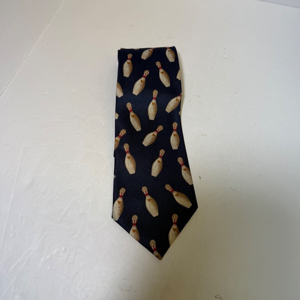 A. Rogers Mens Bowling Pin Novelty Tie Navy Blue Silk House Handmade Korea